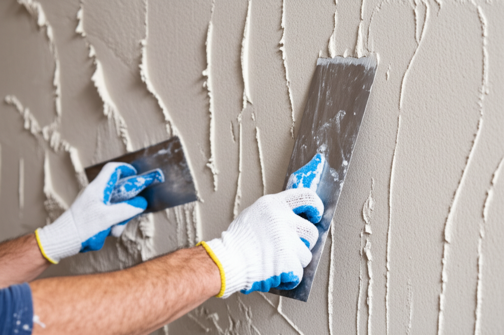 Worker applying texture to wall