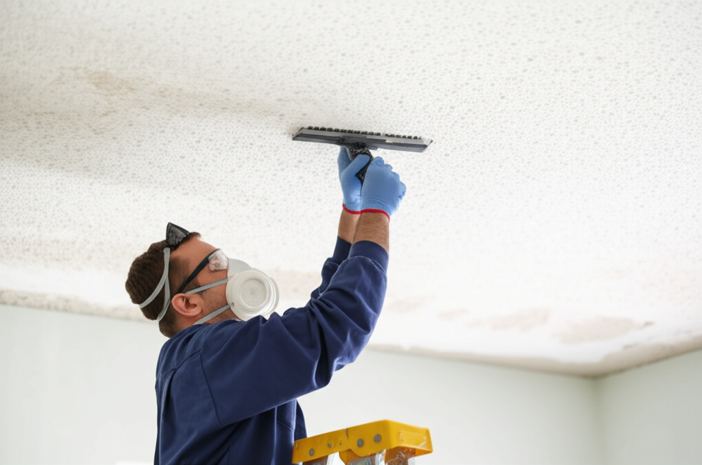 Worker removing popcorn ceiling