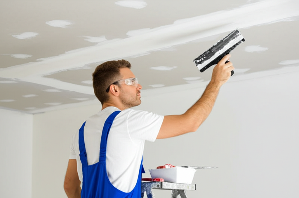 Worker repairing ceiling